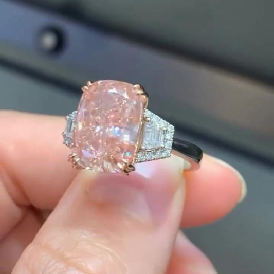 5.80 TCW Fancy Pink Cushion Lab Grown Diamond Engagement Ring | Three Stone with Baguette Sides | IGI Certified 
