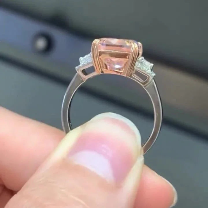 Luxury Fancy Pink Cushion Three Stone Lab Grown Diamond Engagement Ring 5.80 TCW 5 CT Center Stone with Baguette Side Stones IGI Certified Bridal Ring