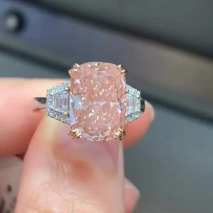 5.80 TCW Fancy Pink Cushion Lab Grown Diamond Engagement Ring | Three Stone with Baguette Sides | IGI Certified 
