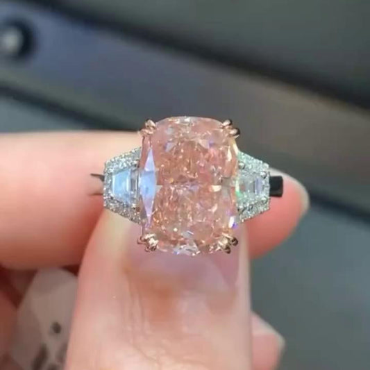 5.80 TCW Fancy Pink Cushion Lab Grown Diamond Engagement Ring | Three Stone with Baguette Sides | IGI Certified 