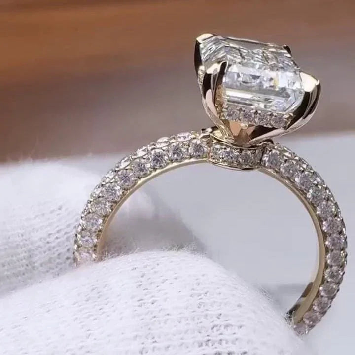 Luxury 6.00 TCW Emerald Lab Grown Diamond Ring 5 CT Center Stone Pavé Band with Hidden Halo IGI Certified Engagement Wedding Ring for Her Women