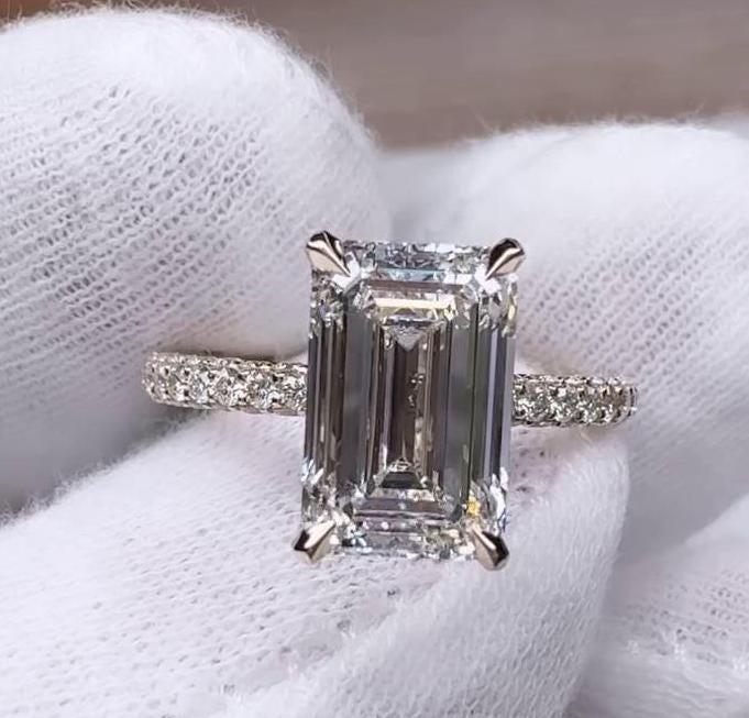 IGI Certified Emerald Lab Grown Diamond Engagement Ring 6.00 TCW 5 CT Center Stone Pavé Band Hidden Halo Luxury Bridal Wedding Jewelry Ring