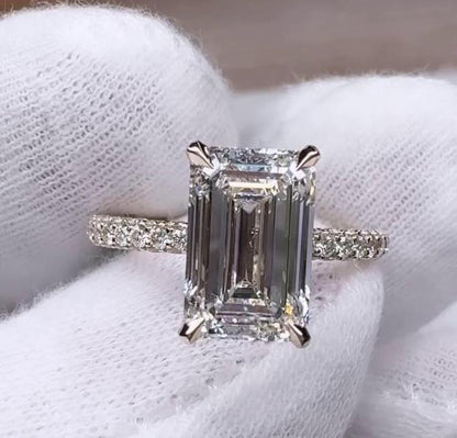 IGI Certified Emerald Lab Grown Diamond Engagement Ring 6.00 TCW 5 CT Center Stone Pavé Band Hidden Halo Luxury Bridal Wedding Jewelry Ring