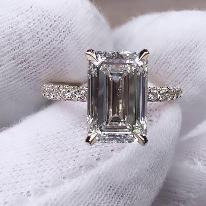 6.00 TCW Emerald Lab Grown Diamond Engagement Ring | 5 CT Center Stone | Pavé Band with Hidden Halo | IGI Certified 