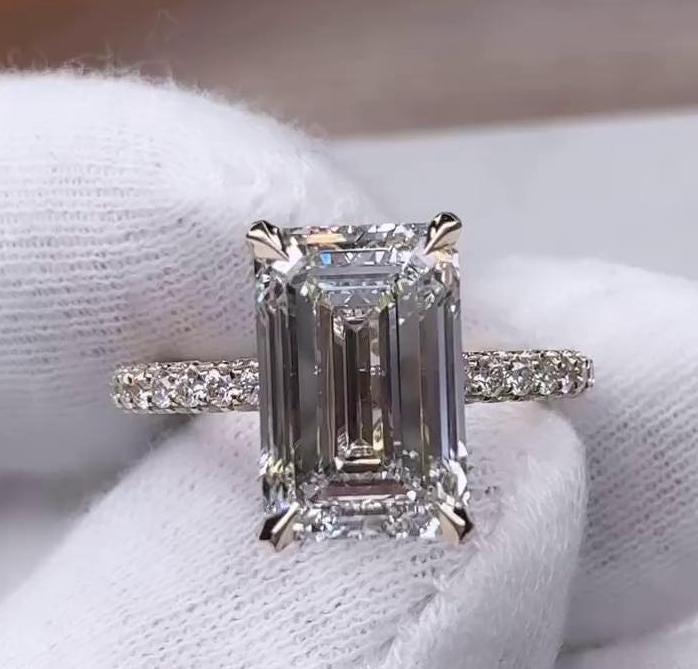 5.00 CT Emerald Lab Grown Diamond Engagement Ring | 5 CT Center Stone | Pavé Band with Hidden Halo | IGI Certified