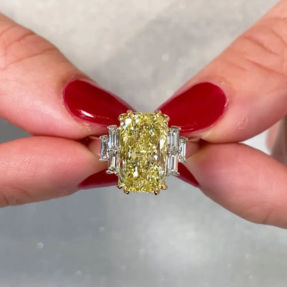 6.00 TCW Fancy Yellow Radiant Lab Grown Diamond Engagement Ring Three Stone Design IGI Certified Luxury Bridal Wedding Ring Elegant Jewelry for Women