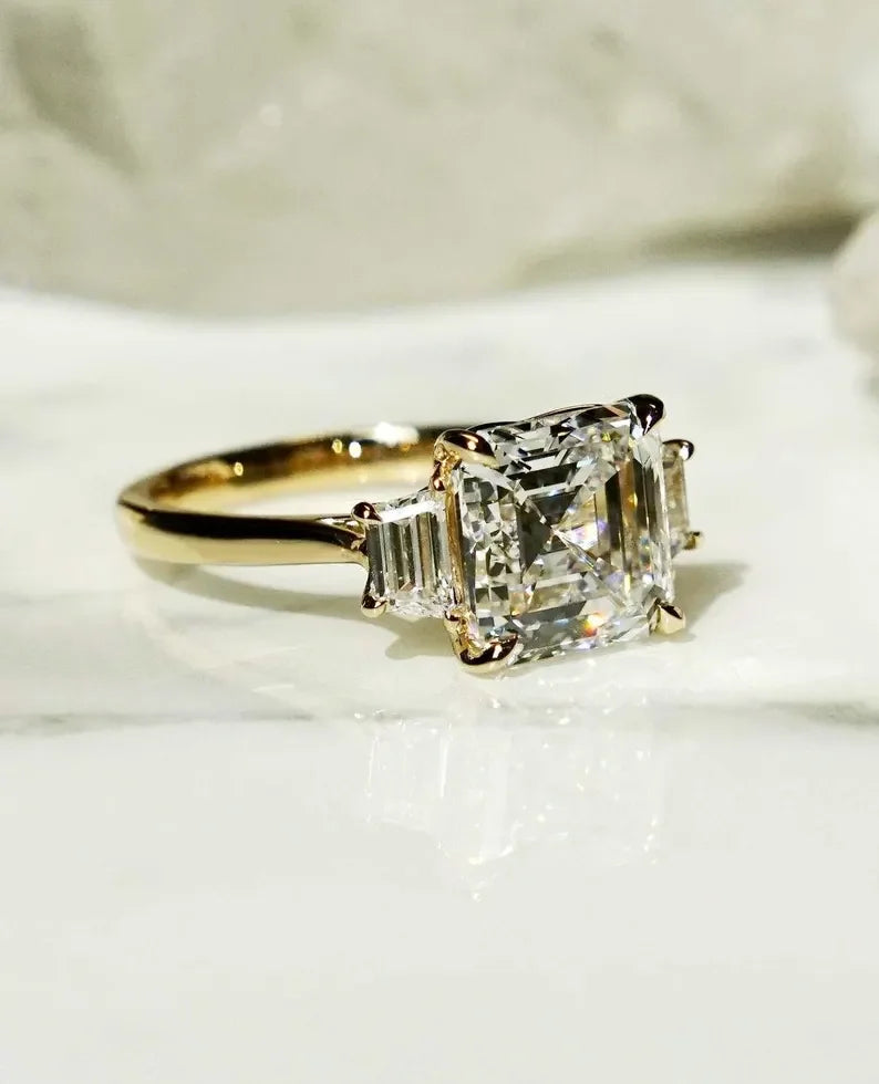 IGI Certified 6.0 TCW Asscher Lab Grown Diamond Engagement Ring Three Stone Design Luxury Wedding Ring Bridal Jewelry Elegant Gift for Women