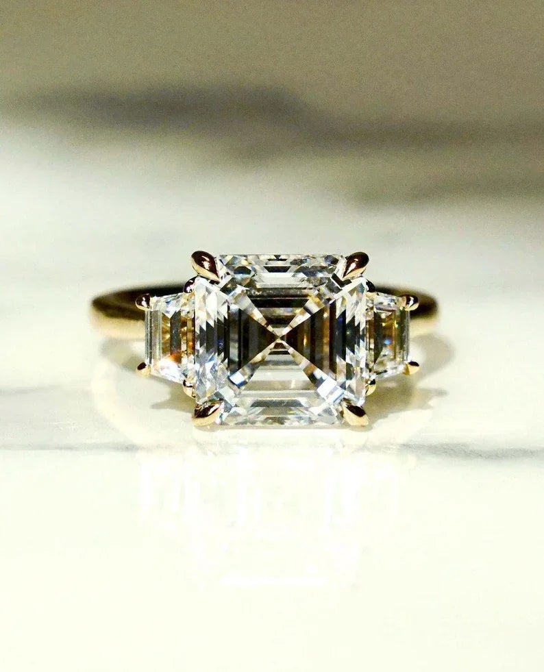 6.0 TCW Asscher Lab Grown Diamond Engagement Ring Three Stone Setting IGI Certified Luxury Bridal Wedding Ring Elegant Anniversary Gift for Women