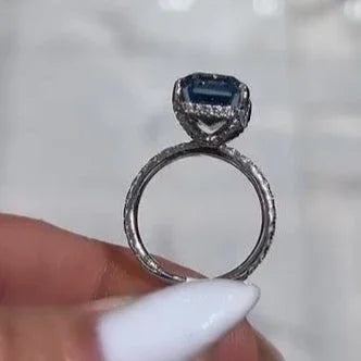 6.30 TCW Fancy Blue Emerald Lab Grown Diamond Engagement Ring | Hidden Halo Design | IGI Certified 