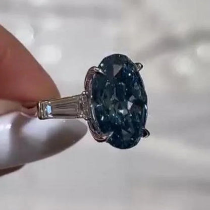 Luxury 6.00CT Fancy Blue Oval Lab Grown Diamond Ring Cathedral Three Stone Engagement Design IGI Certified Bridal Wedding Jewelry for Women