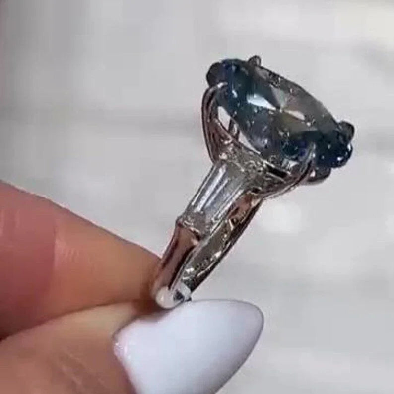 6.50 TCW Fancy Blue Oval Lab Grown Diamond Engagement Ring | Cathedral Three Stone Ring | IGI Certified 