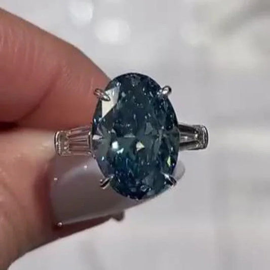 6.50 TCW Fancy Blue Oval Lab Grown Diamond Engagement Ring Cathedral Three Stone Design IGI Certified Luxury Bridal Wedding Ring Jewelry for Women