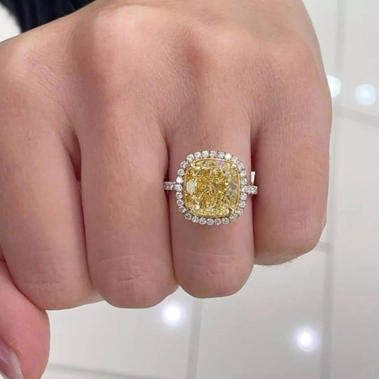 6.50 TCW Fancy Yellow Cushion Lab Grown Diamond Engagement Ring | Halo Pavé Ring | IGI Certified 