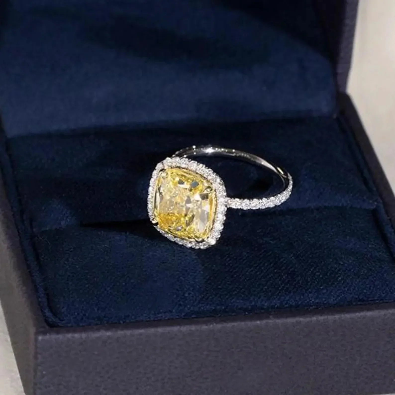 Luxury 6.50 TCW Fancy Yellow Cushion Lab Grown Diamond Ring Halo Pavé Engagement Design IGI Certified Bridal Wedding Jewelry Elegant Gift for Women