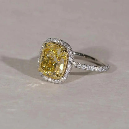 6.50 TCW Cushion Fancy Yellow Lab Grown Diamond Halo Pavé Engagement Ring IGI Certified Luxury Bridal Wedding Ring Elegant Jewelry Gift for Her