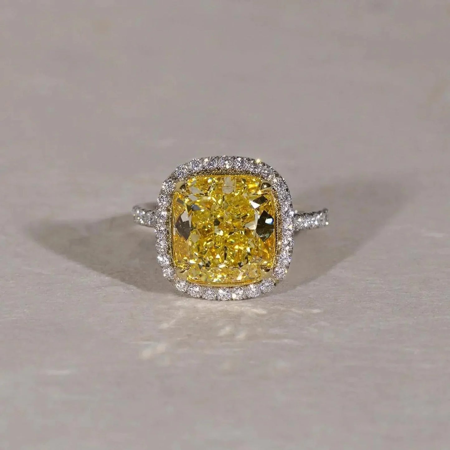 6.50 TCW Fancy Yellow Cushion Lab Grown Diamond Engagement Ring Halo Pavé Design IGI Certified Luxury Bridal Wedding Ring Elegant Jewelry for Women