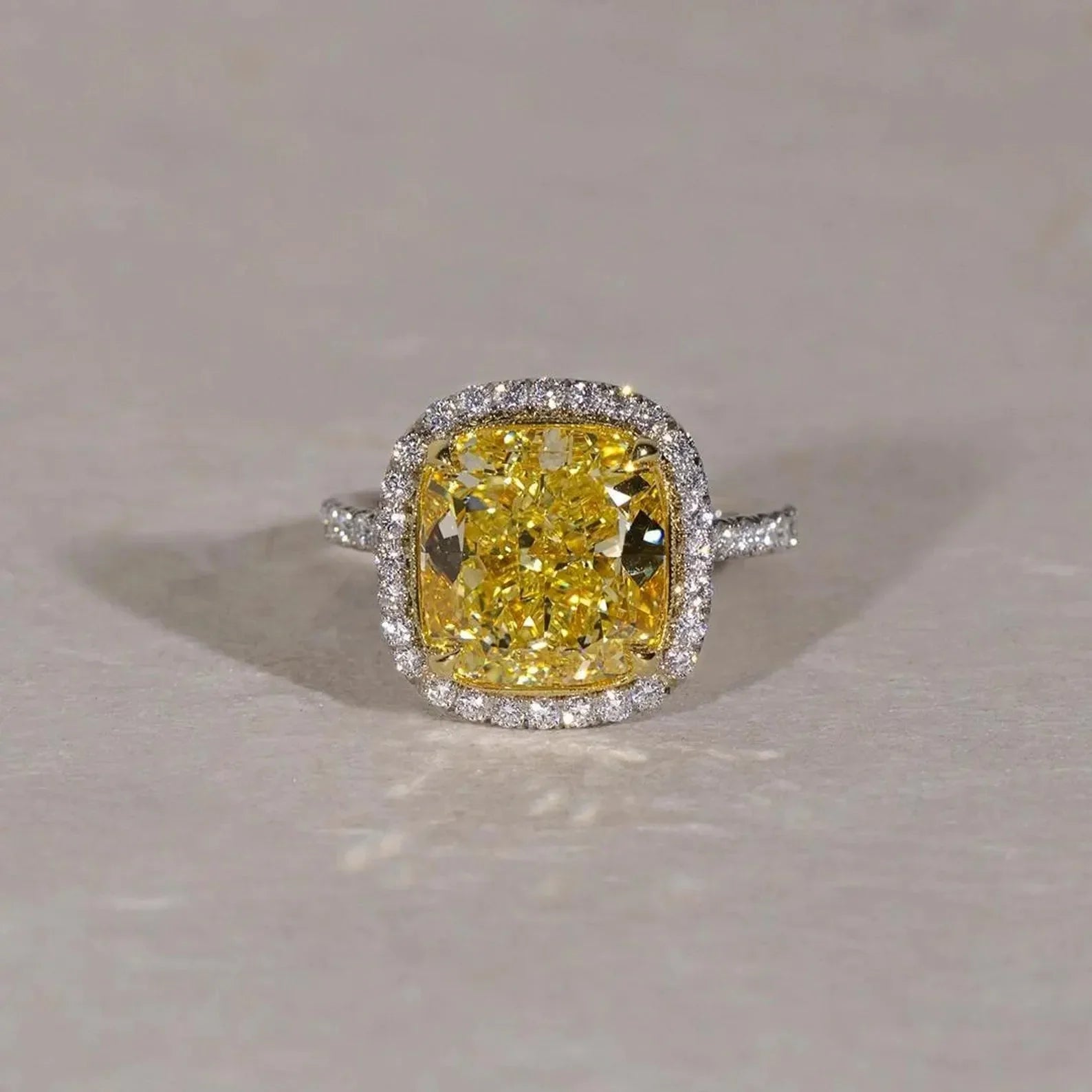 6.50 TCW Fancy Yellow Cushion Lab Grown Diamond Engagement Ring Halo Pavé Design IGI Certified Luxury Bridal Wedding Ring Elegant Jewelry for Women