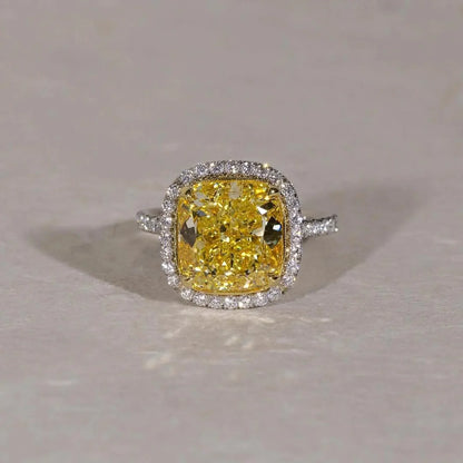 6.50 TCW Fancy Yellow Cushion Lab Grown Diamond Engagement Ring Halo Pavé Design IGI Certified Luxury Bridal Wedding Ring Elegant Jewelry for Women