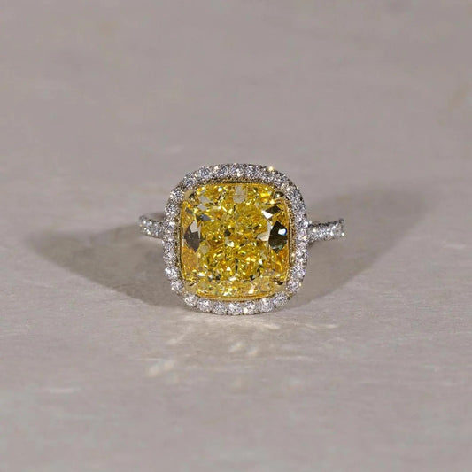 6.50 TCW Fancy Yellow Cushion Lab Grown Diamond Engagement Ring | Halo Pavé Ring | IGI Certified 