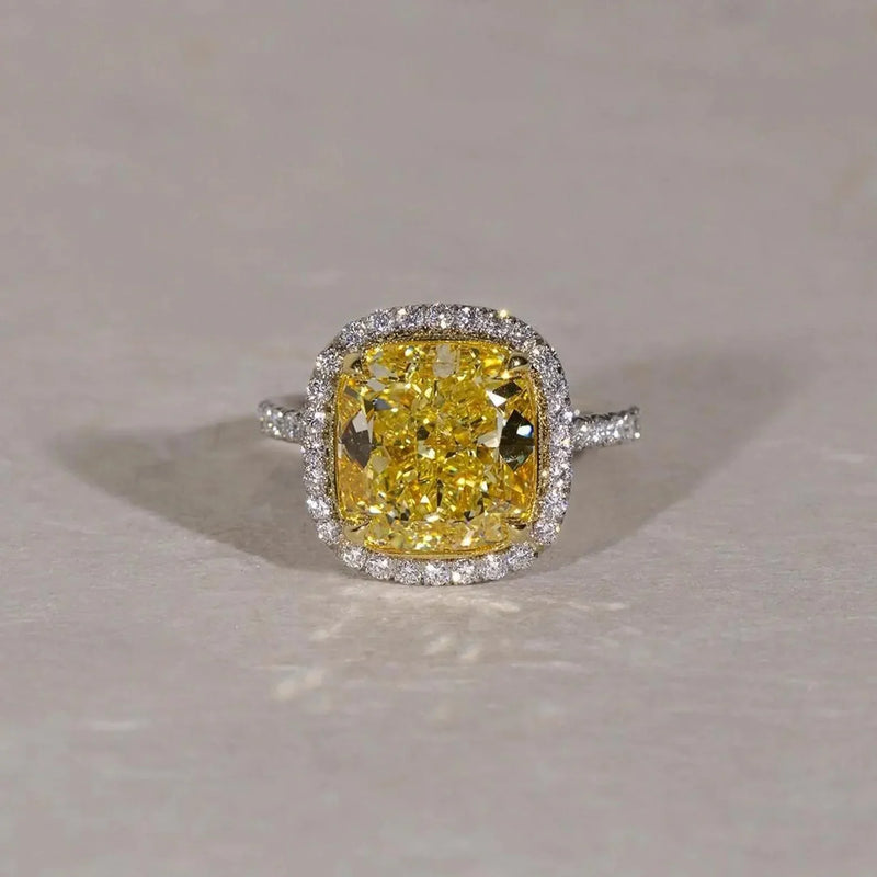 6.00 CT Fancy Yellow Cushion Lab Grown Diamond Engagement Ring | Halo Pavé Ring | IGI Certified