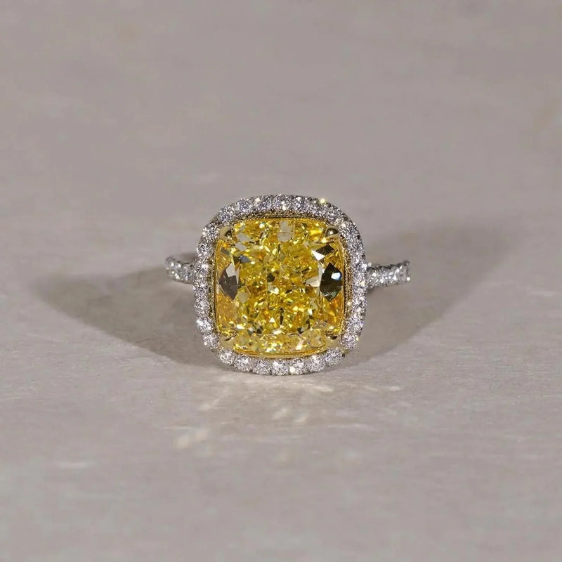 6.00 CT Fancy Yellow Cushion Lab Grown Diamond Engagement Ring | Halo Setting with Pavé Band | IGI Certified