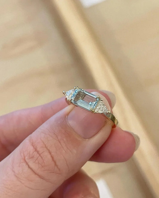 Trending Engagement Ring Design 6 CT Emerald Aquamarine Center Stone with Trillion Cut Lab Grown Diamond Side Stones Bridal Wedding Gift for Women