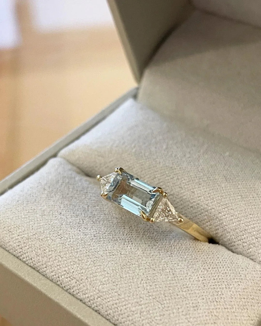 Luxury 6 CT Emerald Cut Aquamarine Ring with Trillion Lab Grown Diamond Side Stones Engagement Bridal Wedding Ring Gift for Her Elegant Jewelry