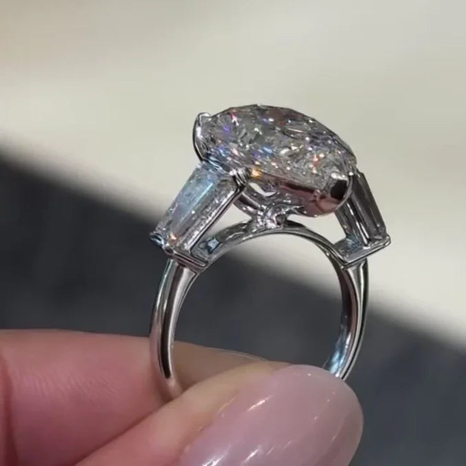 Luxury 7.00 CT pear shaped lab grown diamond engagement ring IGI certified three stone baguette accents bridal wedding ring gift jewelry for women