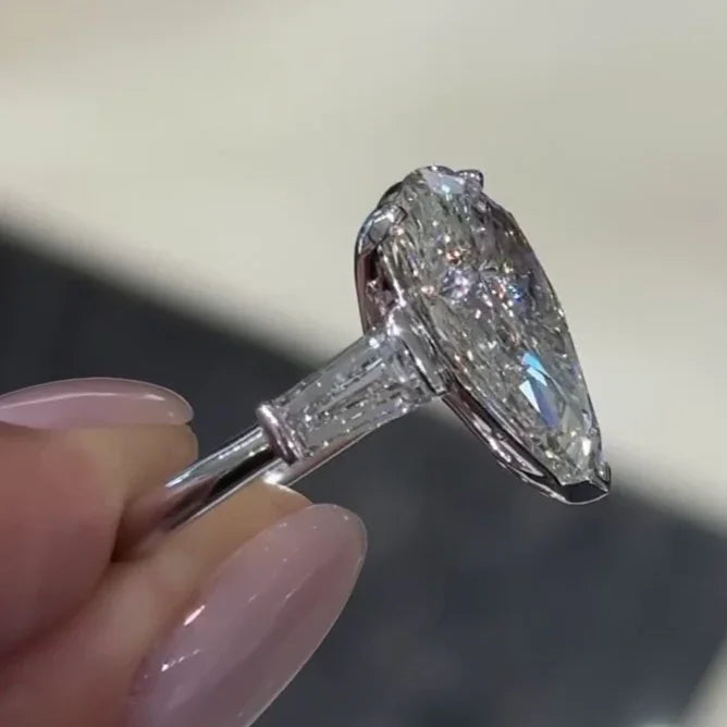 7.00 CT Pear Lab Grown Diamond Engagement Ring | Three Stone with Baguette Sides | IGI Certified 