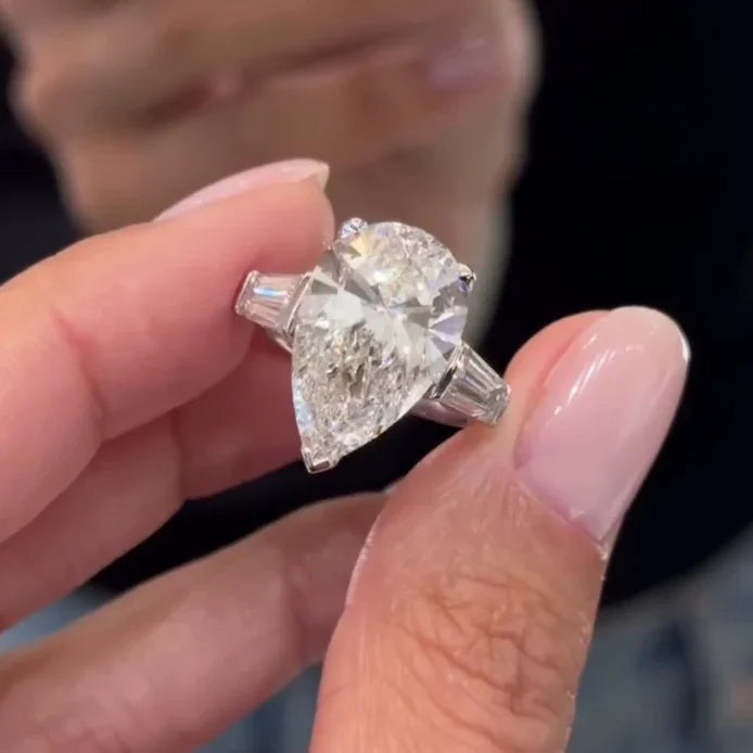 7.00 CT Pear Lab Grown Diamond Engagement Ring | Three Stone with Baguette Sides | IGI Certified 