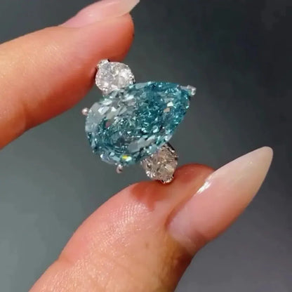 IGI certified 6.00 CT pear fancy blue lab grown diamond three stone engagement ring luxury bridal wedding ring anniversary gift jewelry for women