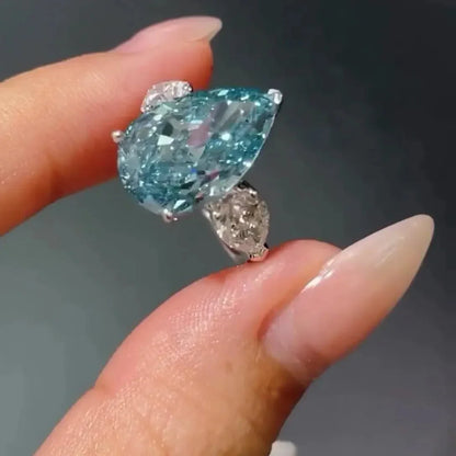 6.00 CT pear cut fancy blue lab grown diamond ring IGI certified three-stone engagement design luxury wedding bridal ring gift jewelry for women