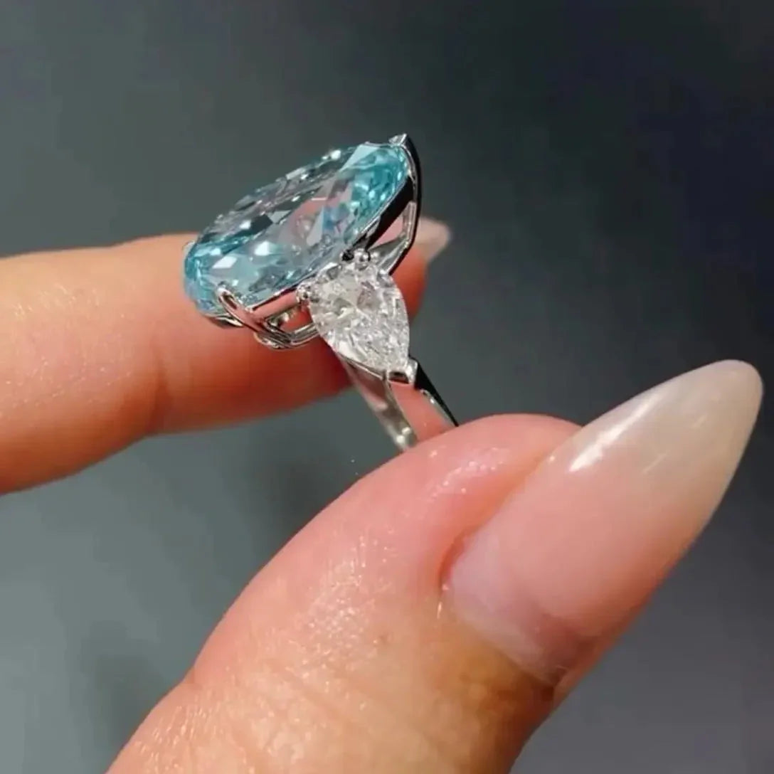 Luxury IGI certified 7.00 TCW fancy blue pear lab grown diamond engagement ring three stone bridal wedding ring elegant anniversary gift for women