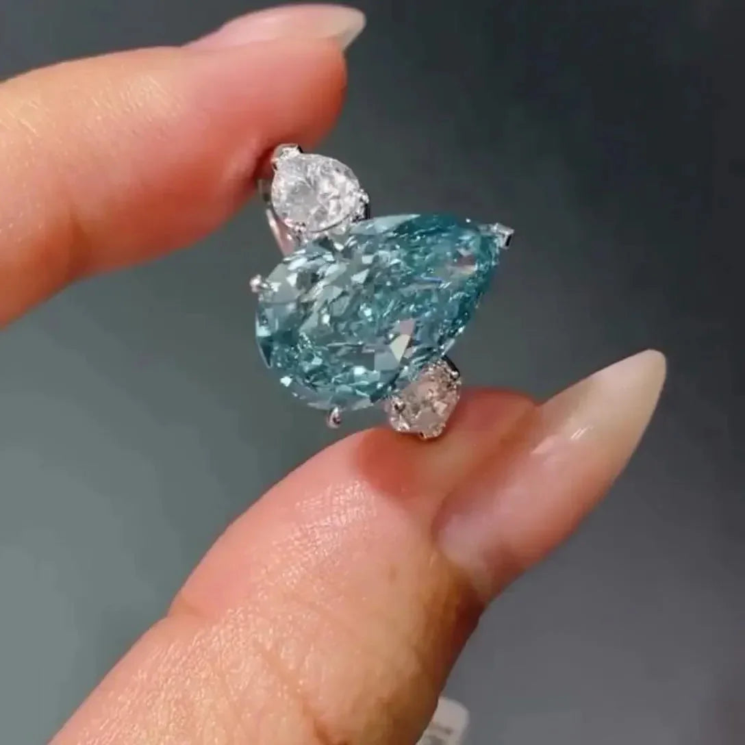 7.00 TCW Fancy Blue Pear Lab Grown Diamond Engagement Ring | Three Stone Ring | IGI Certified 