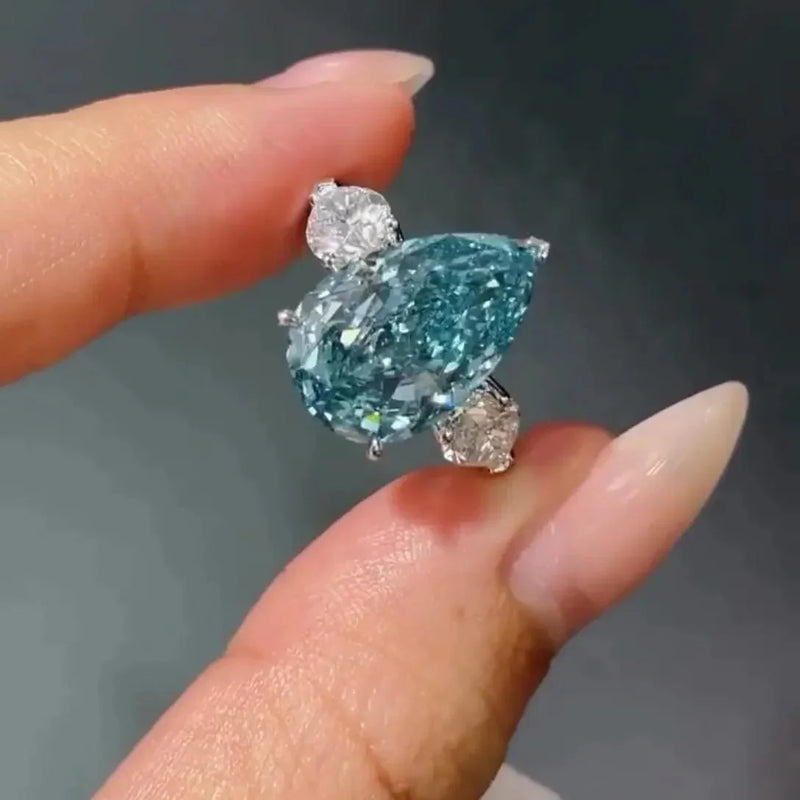 6.00 CT Fancy Blue Pear Lab Grown Diamond Engagement Ring | Three Stone Ring | IGI Certified