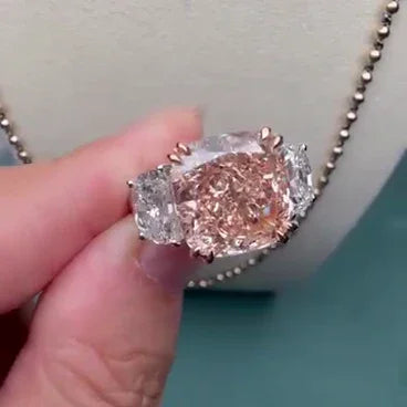 6.00 CT cushion fancy pink lab grown diamond ring IGI certified statement three stone engagement design luxury bridal wedding ring anniversary gift