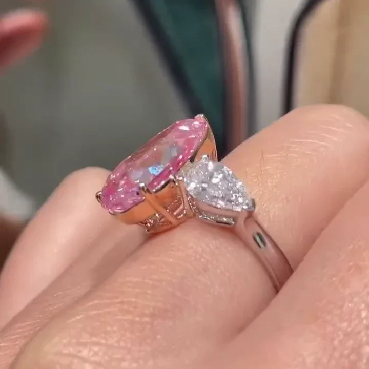 IGI certified 7.00 TCW pear fancy pink lab grown diamond ring three stone statement engagement bridal wedding luxury gift jewelry for women ring