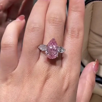 7.00 TCW Fancy Pink Pear Lab Grown Diamond Engagement Ring | Statement Three Stone Ring | IGI Certified 