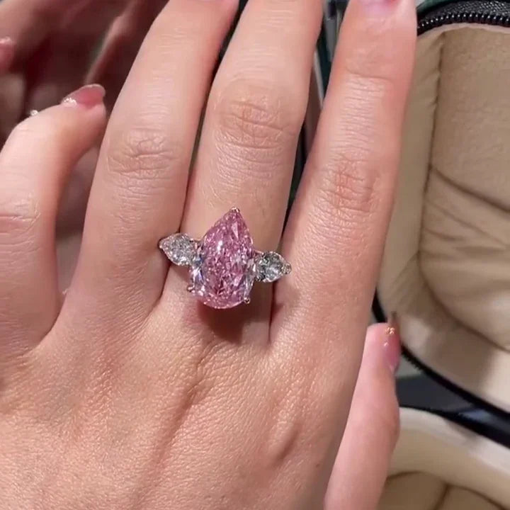 7.00 TCW Fancy Pink Pear Lab Grown Diamond Engagement Ring | Statement Three Stone Ring | IGI Certified 