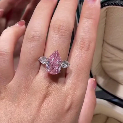 7.00 TCW Fancy Pink Pear Lab Grown Diamond Engagement Ring | Statement Three Stone Ring | IGI Certified 