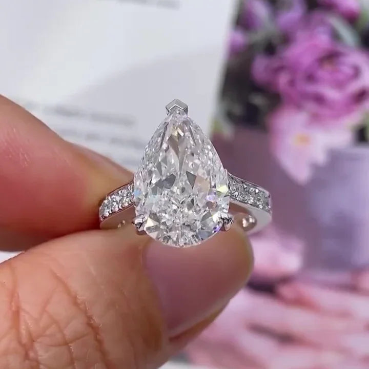 7.00 TCW pear lab grown diamond ring IGI certified cathedral setting channel set engagement ring luxury bridal wedding jewelry gift for women
