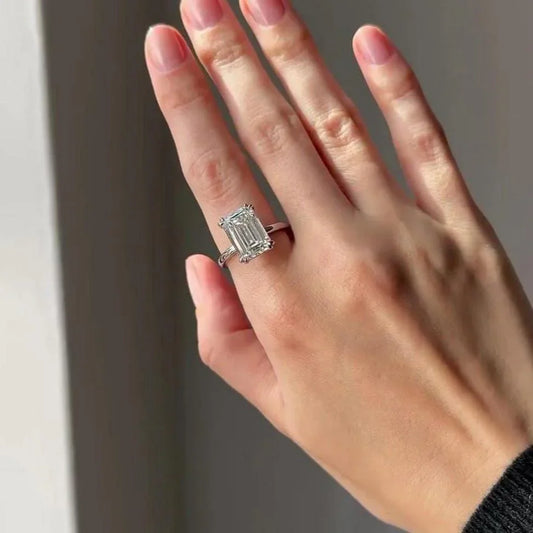 IGI certified 7.00ct emerald cut lab grown diamond solitaire ring signature setting engagement bridal wedding luxury elegant jewelry gift women ring