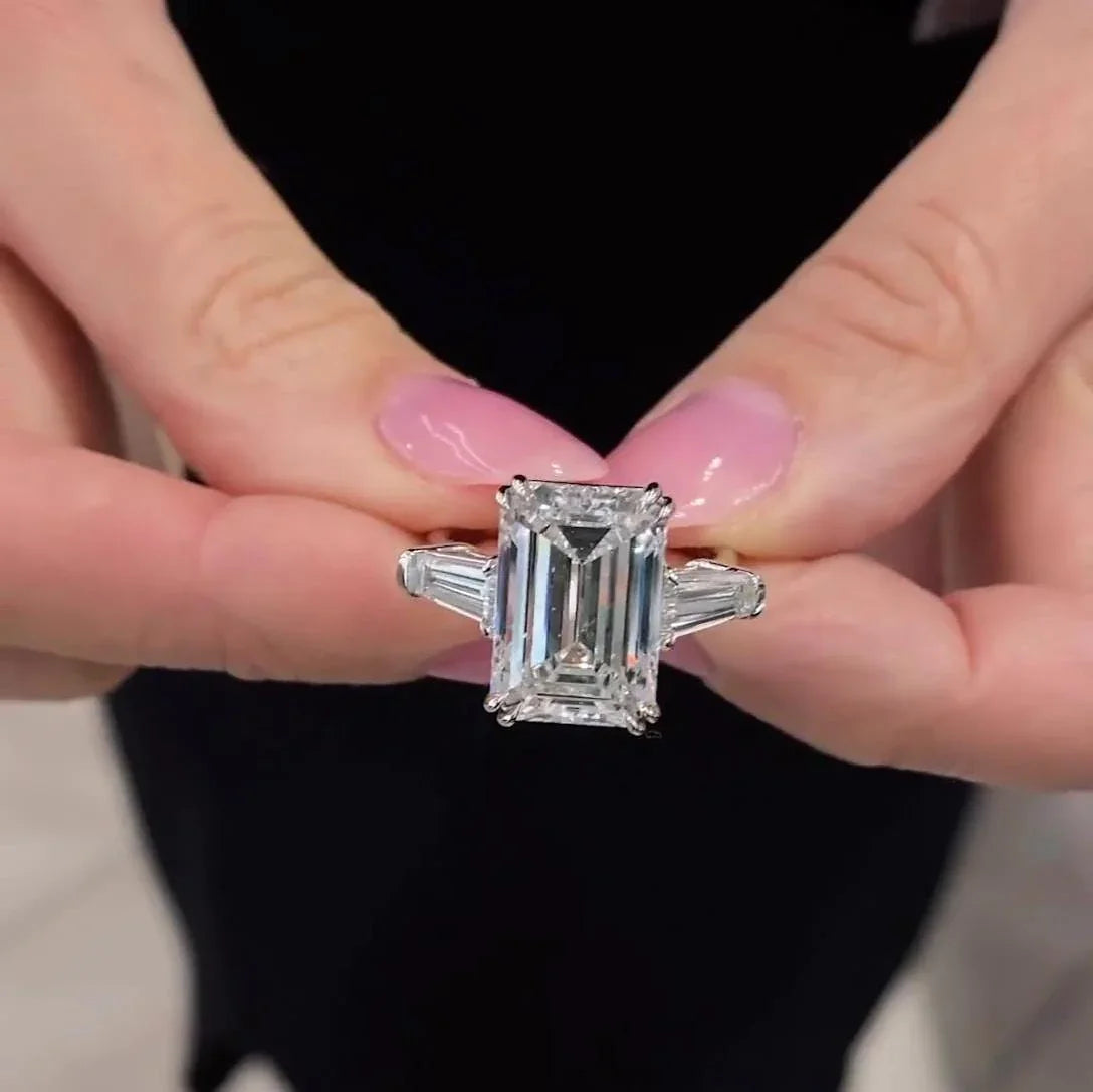 Luxury 7.00TCW emerald lab grown diamond engagement ring IGI certified three stone design tap baguette setting bridal wedding jewelry for women