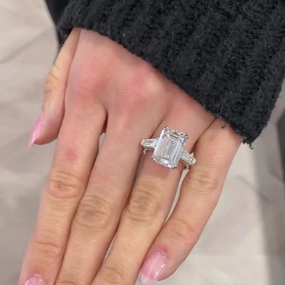 7.00TCW emerald shaped lab grown diamond ring three stone engagement IGI certified tap baguette setting luxury bridal wedding ring gift women