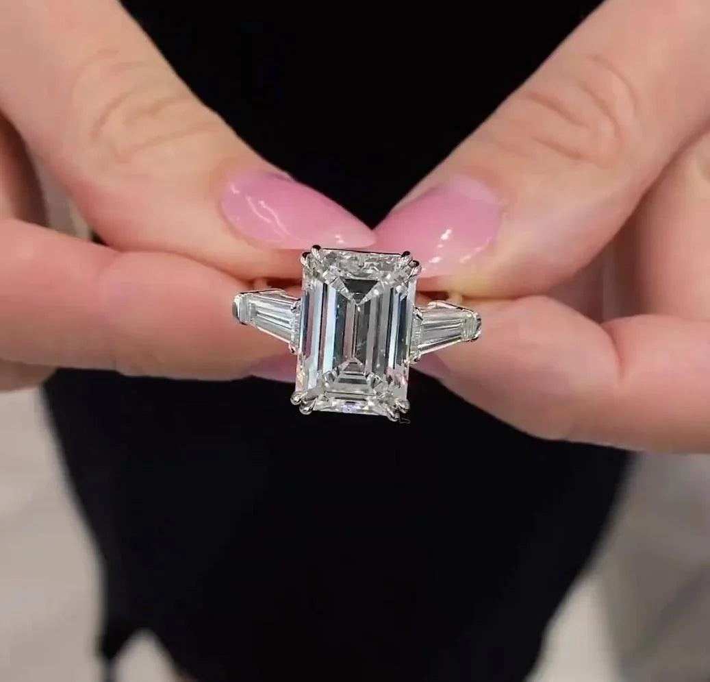Emerald cut 7.00TCW lab grown diamond three stone engagement ring IGI certified tap baguette luxury bridal wedding ring elegant jewelry gift women