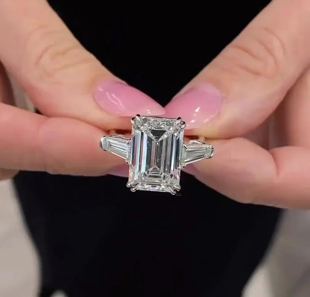 IGI certified 7.00TCW emerald cut lab grown diamond ring three stone tap baguette engagement bridal wedding luxury anniversary gift women ring