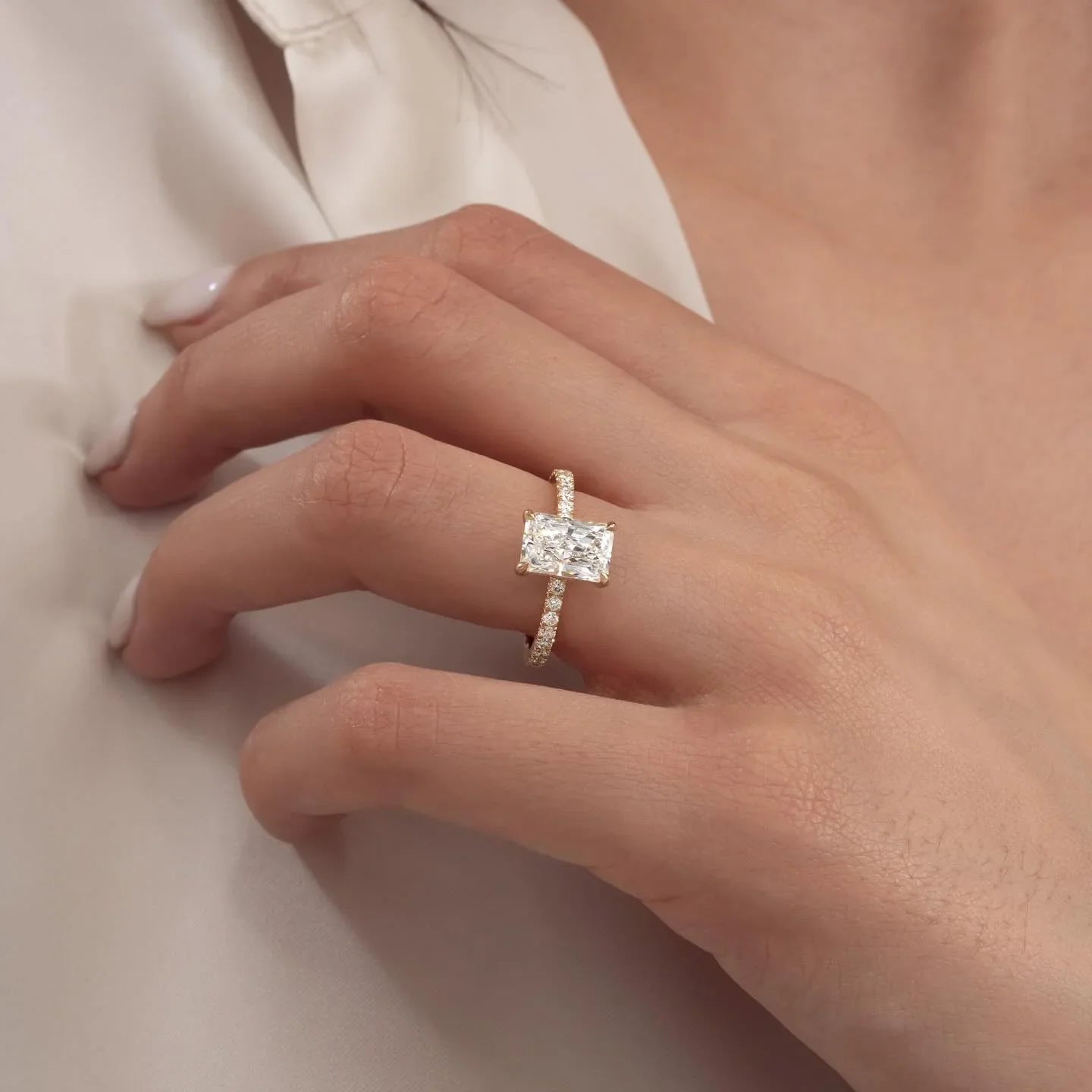 7.0ct radiant cut lab grown diamond ring IGI style Juliette hidden halo setting luxury bridal engagement wedding promise anniversary ring for women