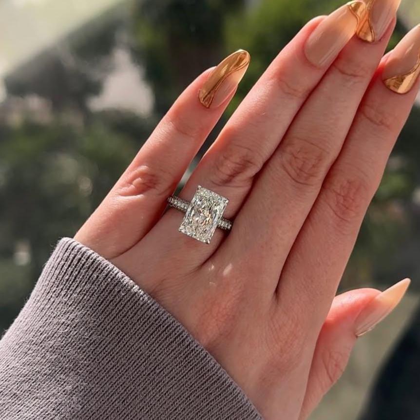 IGI certified 7.30 TCW radiant cut lab grown diamond ring hidden halo cathedral engagement bridal wedding luxury anniversary gift women ring jewelry