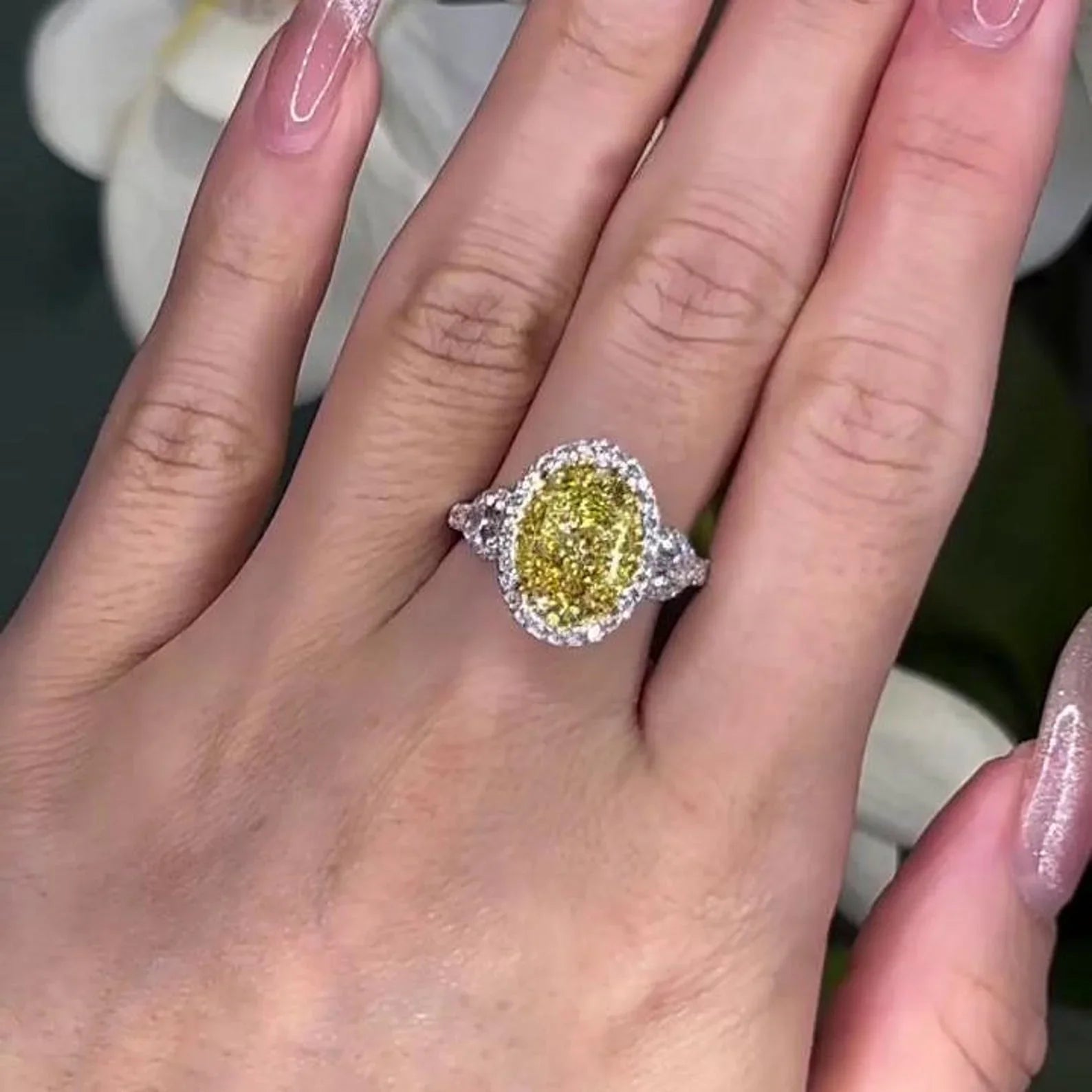 7.40 TCW Fancy Yellow Oval Lab Grown Diamond Engagement Ring | Three Stone Halo Ring | IGI Certified 