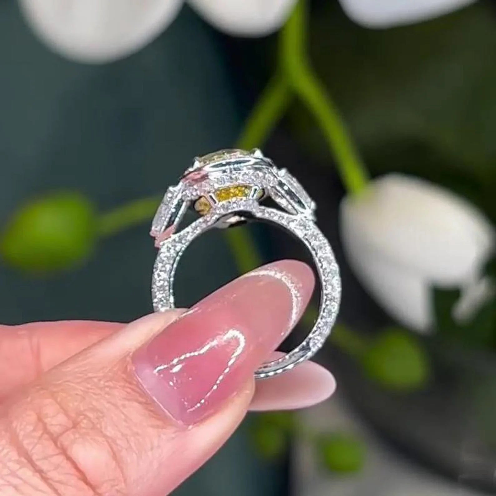 7.40 TCW Fancy Yellow Oval Lab Grown Diamond Engagement Ring | Three Stone Halo Ring | IGI Certified 